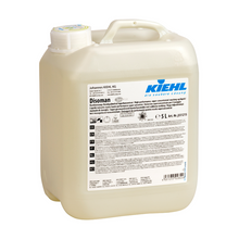 Der 5-Liter-Kunststoffbehälter des Kiehl Disoman Hochleistungs-Handspülmittels Superkonzentrat der Johannes Kiehl KG verfügt über ein weißes Etikett mit Produktinfos und Branding sowie einen Schraubverschluss und einen Tragegriff für die effektive Reinigung.