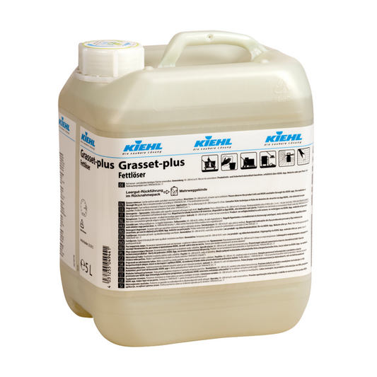 Ein 10-Liter-Kunststoffbehälter des Kiehl Grasset-plus Fettlöser der Johannes Kiehl KG, ein wirksamer Fettlöser und Reiniger für alle Oberflächen, mit weißem Schraubverschluss und einem Etikett mit Produktangaben, Anweisungen und Sicherheitssymbolen.