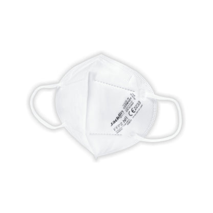 Het Jäcklin Medical FFP2 masker - 1 stuk is een wit wegwerpmasker met oorlussen en certificeringsmarkering, gemaakt in Duitsland en afgebeeld op een eenvoudige witte achtergrond. Merk: Jäcklin Medical.
