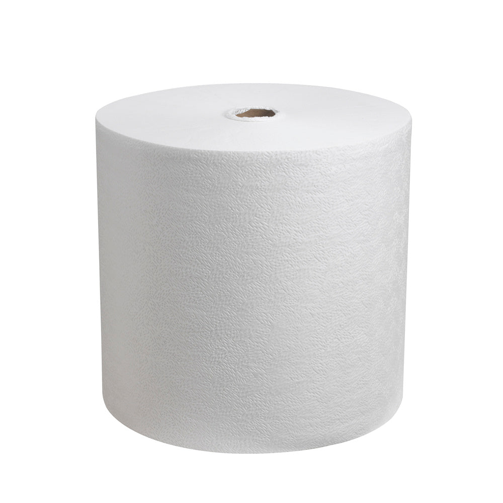 Een Kimtech® Pure Wischtücher Grootrol (600 doeken, Wit) van Kimberly-Clark GmbH staat rechtop voor een witte achtergrond; de pluisvrije, gestructureerde doeken zijn netjes om een kartonnen kern met zichtbare opening gewikkeld.