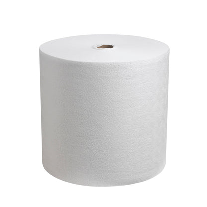 Een Kimtech® Pure Wischtücher Grootrol (600 doeken, Wit) van Kimberly-Clark GmbH staat rechtop voor een witte achtergrond; de pluisvrije, gestructureerde doeken zijn netjes om een kartonnen kern met zichtbare opening gewikkeld.