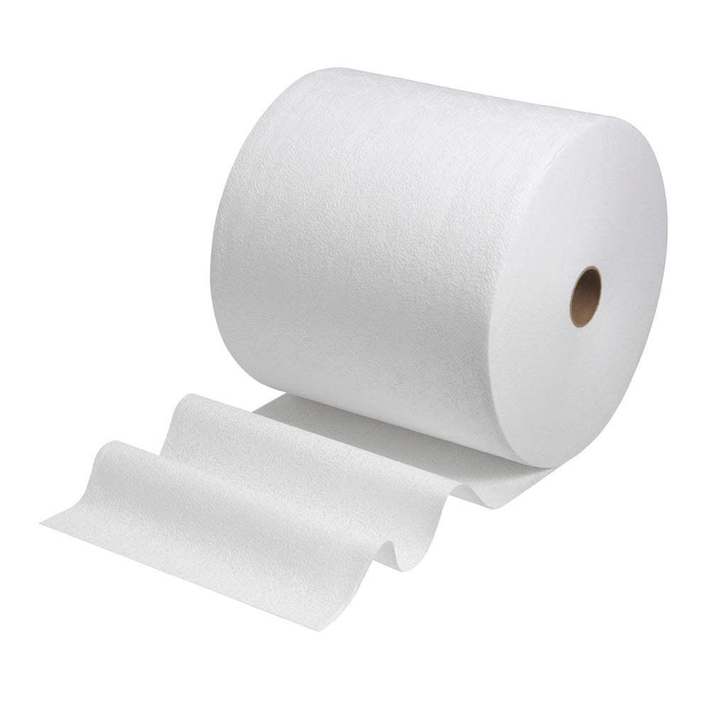 Een grootrol witte Kimtech® Pure Wischtücher van Kimberly-Clark GmbH (1 rol x 600 vellen) is afgebeeld met enkele uitgerolde vellen voor een eenvoudige witte achtergrond.