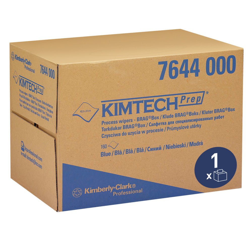 Een bruine doos van Kimberly-Clark GmbH met het opschrift "Kimtech® procesreinigingsdoeken - BRAG™ Box / Blauw" bevat 160 blauwe doeken voor industriële reiniging, met productinformatie in verschillende talen op de doos.