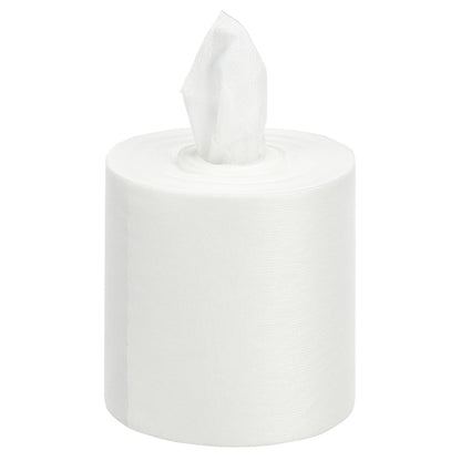 Eine einzelne große weiße Rolle der WypAll® Wettask™ PowerClean Reinigungstücher (6 Nachfüllungen x 120 Blatt, Weiß) der Kimberly-Clark GmbH ist mit einem teilweise aus der Mitte herausgezogenen Blatt auf einem einfarbig weißen Hintergrund abgebildet.