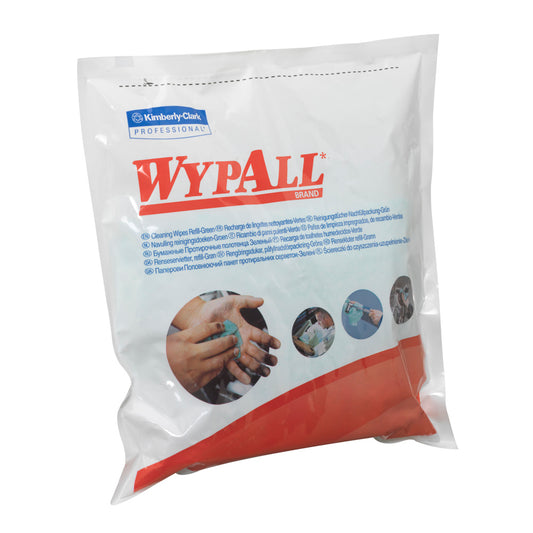 Eine versiegelte Packung WypAll® Wischtücher - Grün (6 x 75 Blatt) von Kimberly-Clark GmbH, mit Bildern der Handreinigung und mehrsprachigem Text, ideal für die industrielle Reinigung oder als grüne Tücher in verschiedenen Umgebungen.