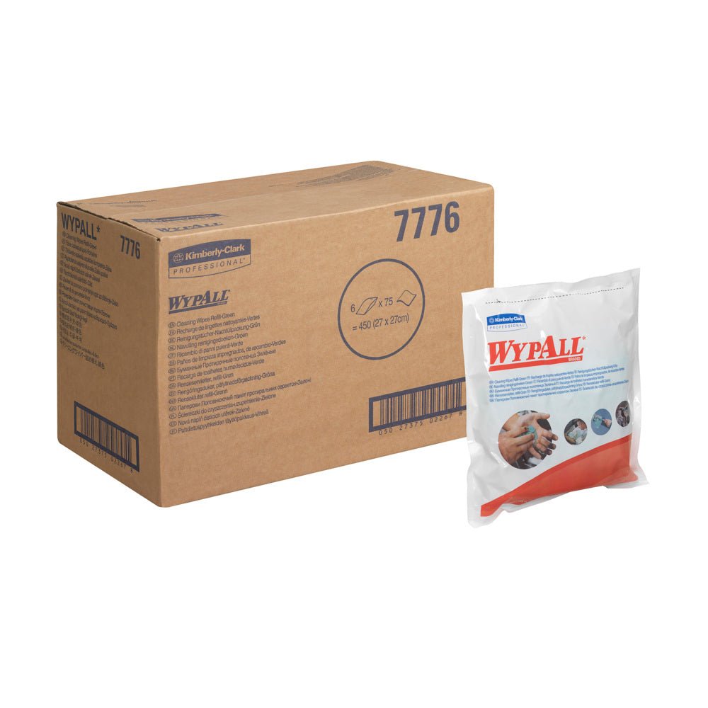 Een bruine doos met de opdruk "WypAll 7776" staat naast een verzegelde verpakking WypAll® doekjes - Groen (6 x 75 doekjes) van Kimberly-Clark GmbH - gemarkeerd met merknaam en toepassing, ideaal voor industriële reiniging.