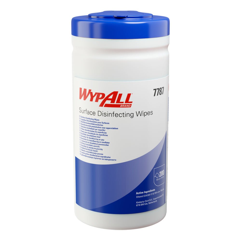 Een witte, cilindrische Kimberly-Clark GmbH WypAll® oppervlaktedesinfectiedoekjes dispenseremmer bevat 200 doekjes per emmer en is voorzien van productinformatie en gebruiksinstructies. Verkocht als 10 bekers x 200 vellen in een doos voor efficiënte oppervlaktereiniging.