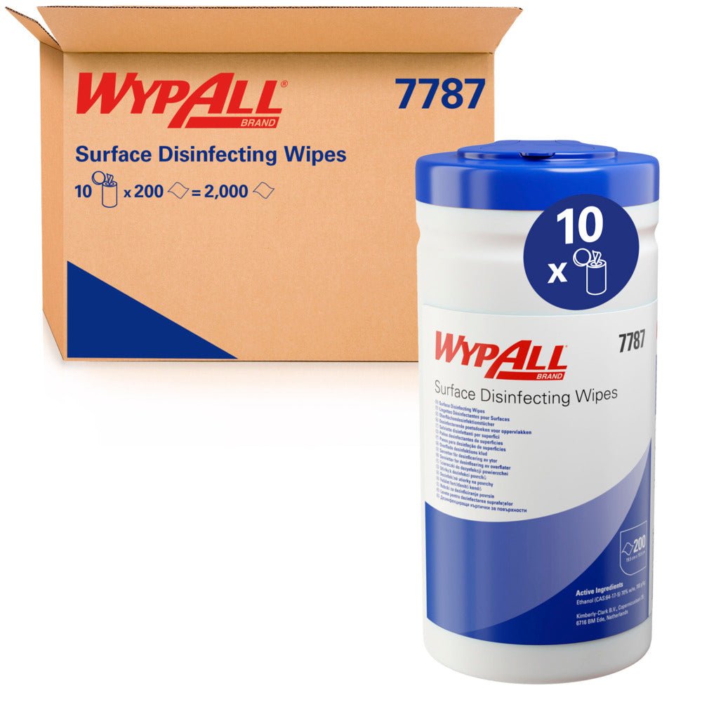 Een WypAll® oppervlaktedesinfectiedoekjes dispenseremmer (wit, 200 doekjes) van Kimberly-Clark GmbH staat voor een doos met 10 emmers en zorgt met een blauwe deksel voor effectieve desinfectie van verschillende oppervlakken.