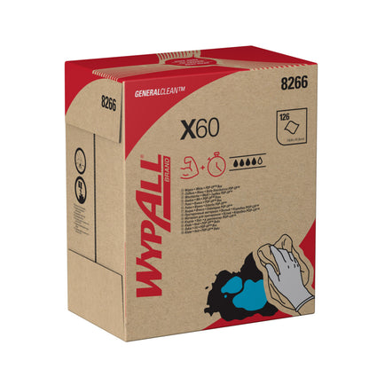Die WypAll® X60 General Clean Zupfbox von Kimberly-Clark GmbH (8266) enthält 126 weiße Tücher pro Box, verfügt über ein rotes und schwarzes Branding mit einer Hand, die einen blauen Fleck reinigt, und ist ideal für die industrielle Reinigung. Verkauft als 10 Boxen x 126 Blatt.