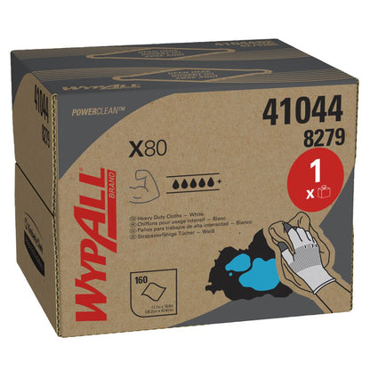 Een karton van WypAll® X80 PowerClean - BRAG™ Box / Wit van Kimberly-Clark GmbH bevat 160 witte vellen. De karton bevat productinformatie, symbolen voor absorptievermogen en de afbeelding van een hand met handschoenen, die voor industrieel gebruik wordt gereinigd.