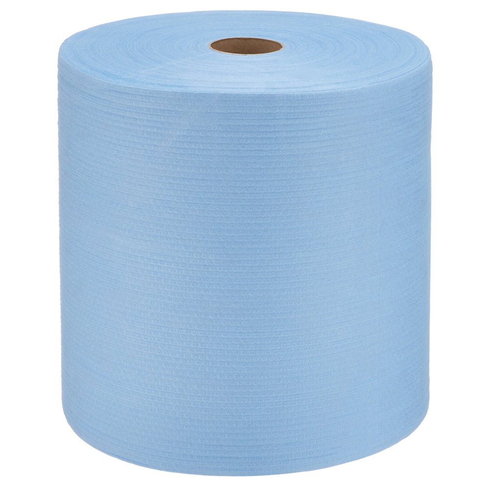 Een WypAll® X80 PowerClean grootrol (31,00 x 31,50 cm) van het merk Kimberly-Clark GmbH met een kleine bruine kartonnen kern staat rechtop voor een witte achtergrond.