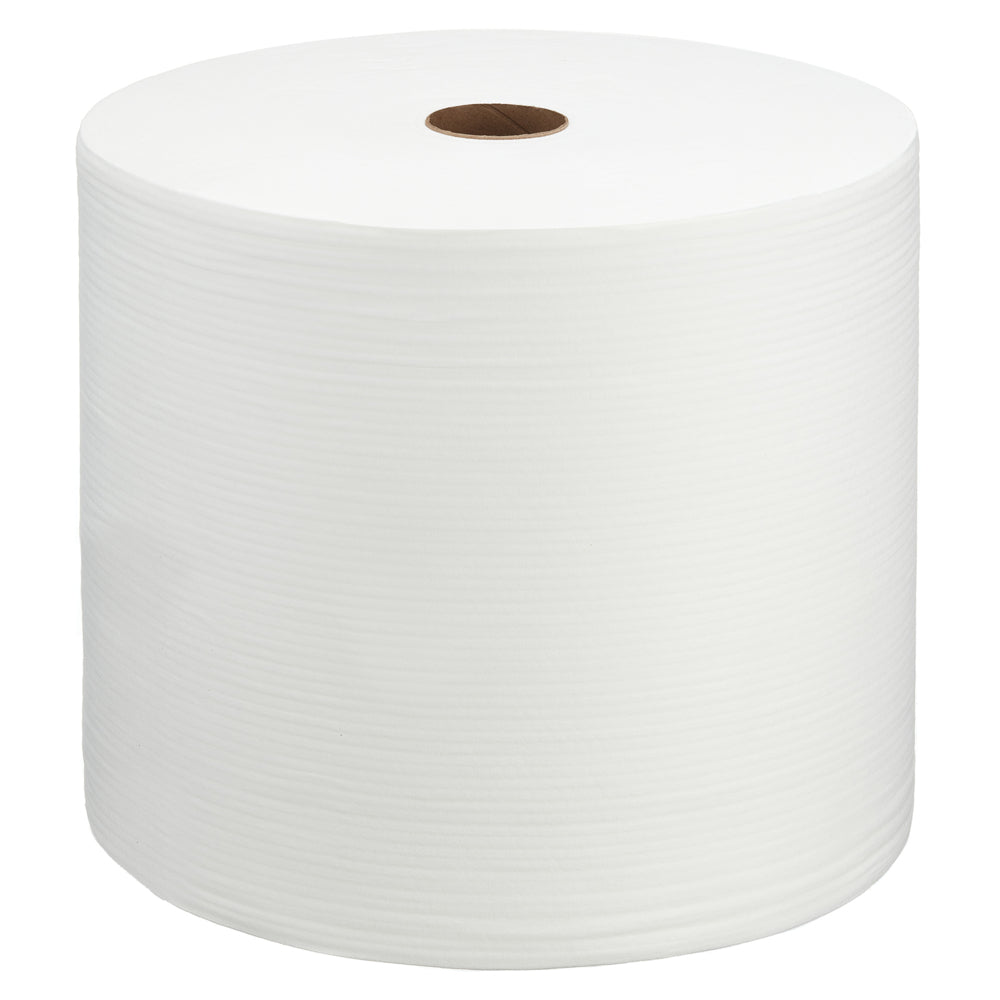 De WypAll® X70 PowerClean Grootrol in Wit van Kimberly-Clark GmbH bestaat uit 1 rol met 870 vellen en een bruine kartonnen kern, die rechtop op een witte achtergrond is afgebeeld - ideaal voor industriële reiniging.