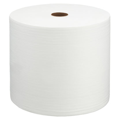 De WypAll® X70 PowerClean Grootrol in Wit van Kimberly-Clark GmbH bestaat uit 1 rol met 870 vellen en een bruine kartonnen kern, die rechtop op een witte achtergrond is afgebeeld - ideaal voor industriële reiniging.