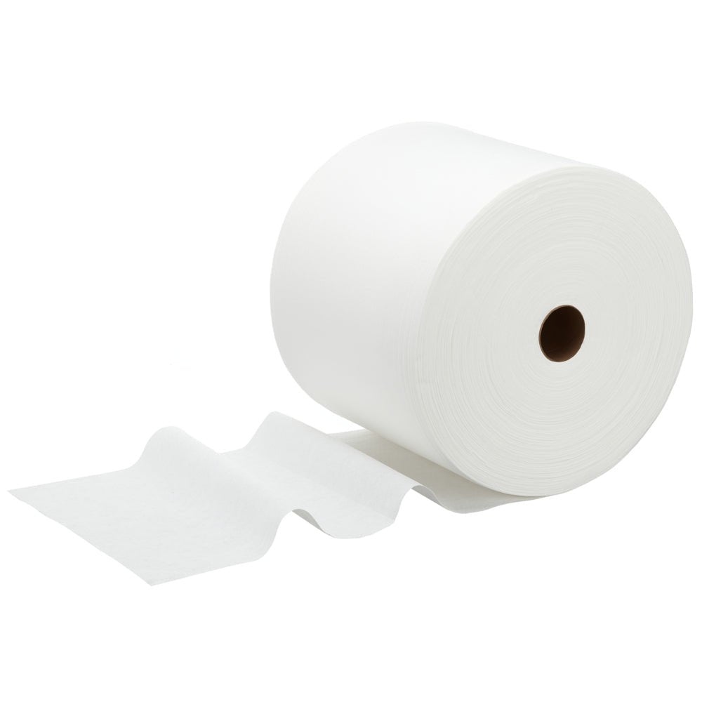 Een grote rol WypAll® X70 PowerClean Reinigingsdoeken (Kimberly-Clark GmbH, 1 rol x 870 vellen, Wit) is afgebeeld met meerdere uitgerolde vellen, ideaal voor industriële reiniging, tegen een eenvoudige witte achtergrond.