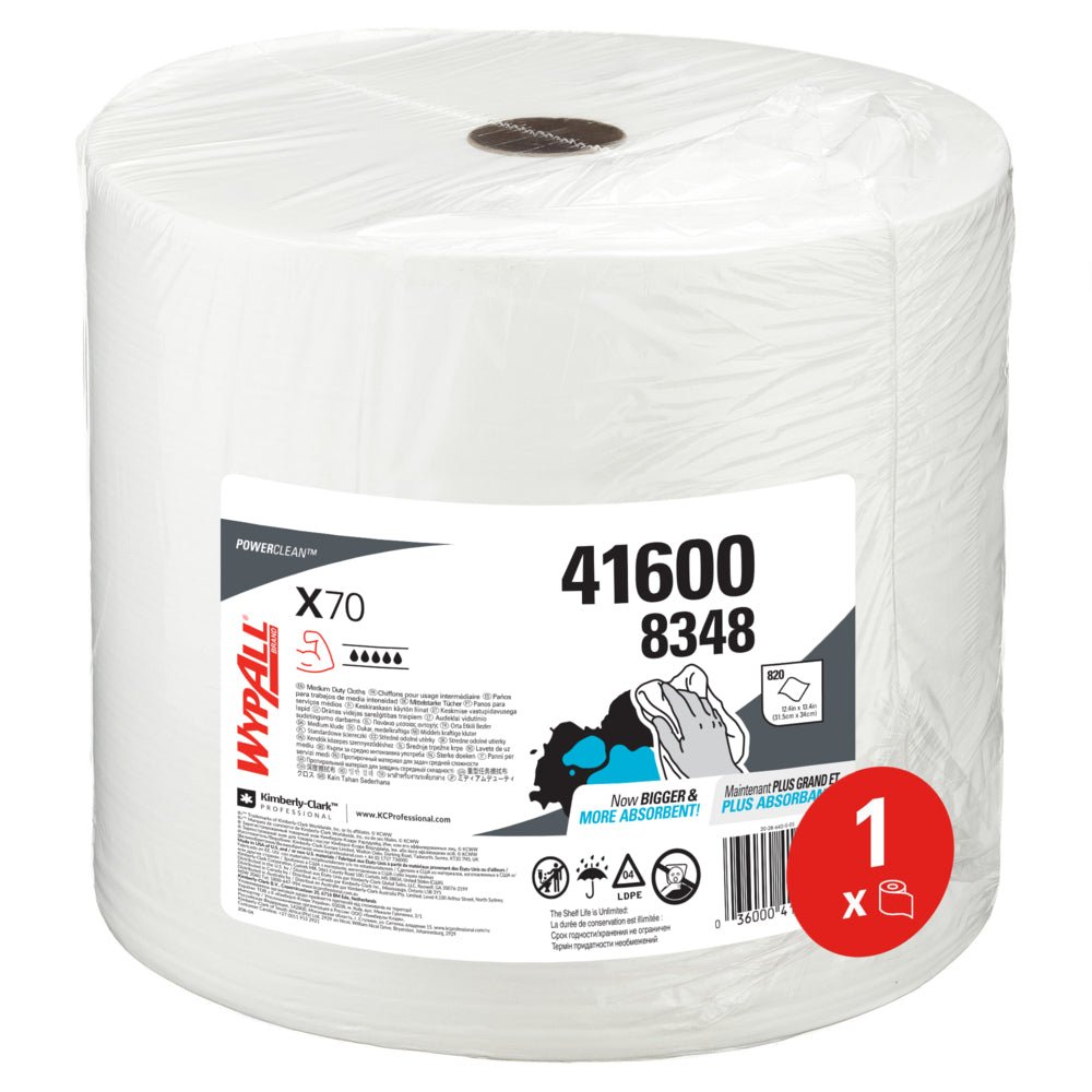 De WypAll® X70 PowerClean Grootrol in Wit van Kimberly-Clark GmbH (1 rol x 870 vellen, art.nr. 41600 8348) is verpakt in helder kunststof en ideaal voor industriële reiniging.