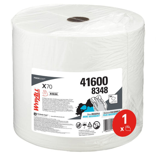 De WypAll® X70 PowerClean-grootrol in wit van Kimberly-Clark GmbH (1 rol x 870 vellen, art.nr. 41600 8348) is verpakt in doorzichtige kunststof en is ideaal voor industriële reiniging.