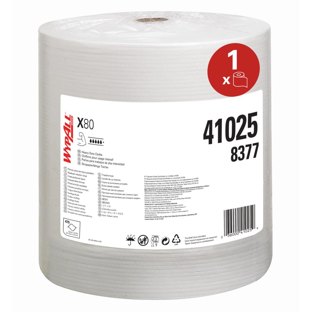 Een grote rol WypAll® X80 PowerClean (31,00 x 31,50 cm) van Kimberly-Clark GmbH met een wit etiket met merknaam, productdetails en toepassingssymbolen - ideaal voor professioneel gebruik en moeilijke reinigingstaken.