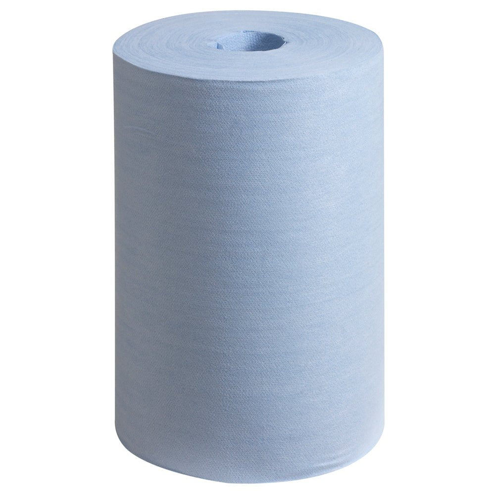 Een blauwe WypAll® X60 General Clean centrale uitname rol (1 x 150 vellen) van Kimberly-Clark GmbH staat rechtop voor een eenvoudige witte achtergrond.
