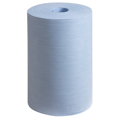 Een blauwe WypAll® X60 General Clean centrale uitname rol (1 x 150 vellen) van Kimberly-Clark GmbH staat rechtop voor een eenvoudige witte achtergrond.