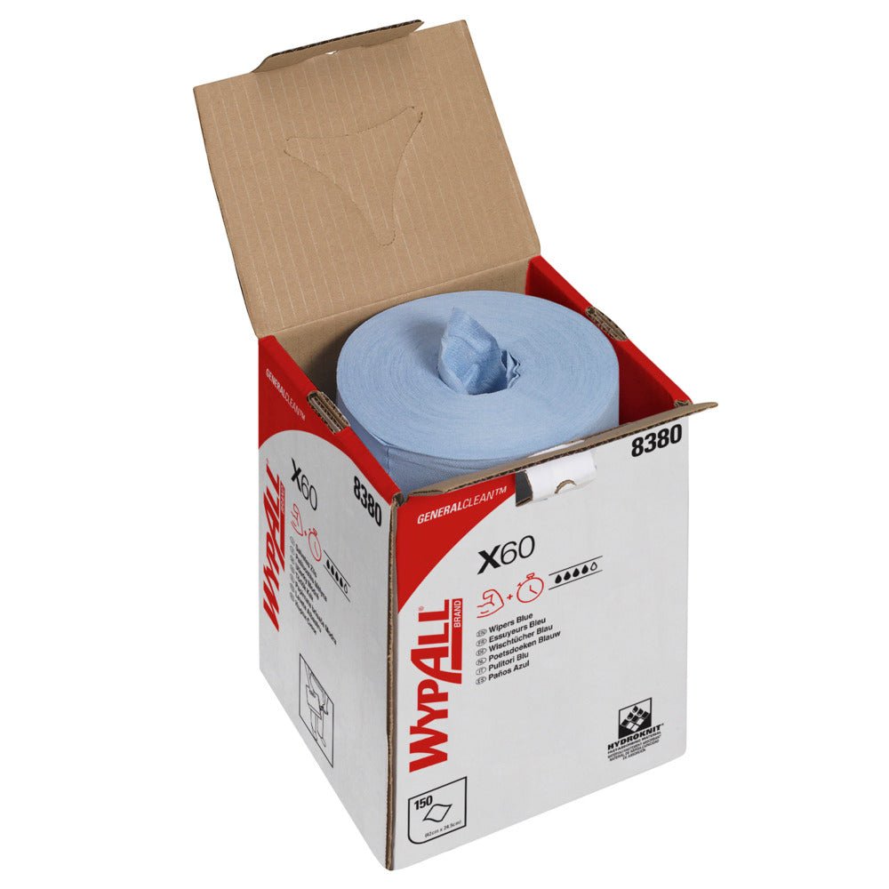 Een karton van Kimberly-Clark GmbH met het opschrift "WypAll® X60 General Clean - Centrale uitname / Blauw" bevat een zichtbare blauwe rol met 150 reinigingsdoeken, waarbij een deel van de rol en een doek door een bovenste opening te zien zijn.