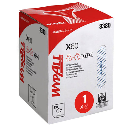 De wit-rode doos van WypAll® X60 General Clean (Blauw) van Kimberly-Clark GmbH is voorzien van meertalige informatie, symbolen en het nummer 8380. De doos bevat 1 rol met 150 blauwe vellen en een uittrekbaar dispenserdeel voor de centrale uitname.