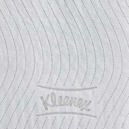 Die Nahaufnahme einer weißen Kleenex® Toilettenpapierrolle der Kimberly-Clark GmbH zeigt gepunktete, gewellte Linien und den in Grau geprägten Schriftzug "Kleenex", der die hochwertige Textur dieses 8er-Kartons (12 kleine Rollen à 250 Blatt) hervorhebt.