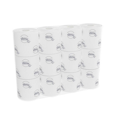 Ein Karton der Kimberly-Clark GmbH enthält 8 Packungen Kleenex® Toilettenpapier mit jeweils 12 kleinen weißen Rollen (250 Blatt/Rolle) - perfekt, wenn Sie mehr als eine 8er-Packung benötigen oder praktische kleine Rollen bevorzugen.