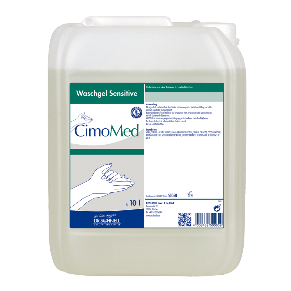 Een 10L doorzichtige container met de opdruk "Dr. Schnell CIMOMED handwasgel, geur- en kleurstofvrij, voor huidreiniging" van DR.SCHNELL GmbH & Co. KGaA met handafbeeldingen en uitgebreide handleiding; ideaal voor de gevoelige huid.