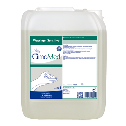 Een 10L doorzichtige container met de opdruk "Dr. Schnell CIMOMED handwasgel, geur- en kleurstofvrij, voor huidreiniging" van DR.SCHNELL GmbH & Co. KGaA met handafbeeldingen en uitgebreide handleiding; ideaal voor de gevoelige huid.