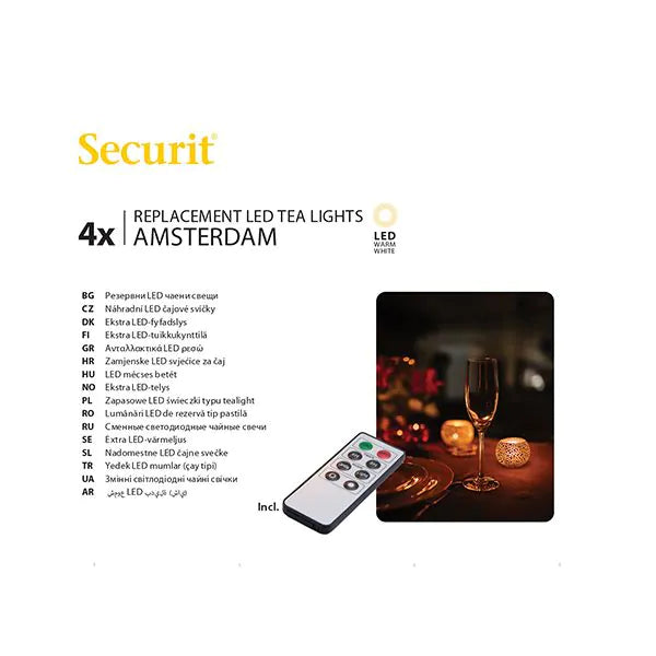 Papstar Securit® 4 LED theelichtjes navulverpakking Ø 4 cm x 5 cm "Amsterdam" brandduur 12-40 uur