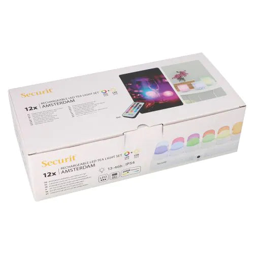 Papstar Securit® 12 LED-theelichtjes incl. laadstation Ø 4 cm x 5 cm "Amsterdam" verlichtingstijd 12-40 uur