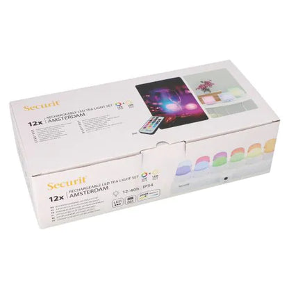 Papstar Securit® 12 LED-theelichtjes incl. laadstation Ø 4 cm x 5 cm "Amsterdam" verlichtingstijd 12-40 uur