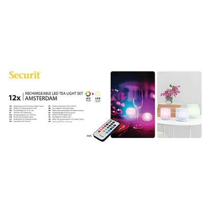 Papstar Securit® 12 LED-theelichtjes incl. laadstation Ø 4 cm x 5 cm "Amsterdam" verlichtingstijd 12-40 uur