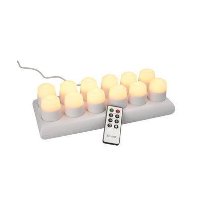 Papstar Securit® 12 LED-theelichtjes incl. laadstation Ø 4 cm x 5 cm "Amsterdam" verlichtingstijd 12-40 uur