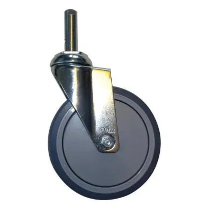 Een enkele Novocal lichtlopende zwenkwiel met bout (Ø 150 mm), ideaal voor sorteerkarren of kledingrekken, met metalen beugel en grijze rubberen buitenring, afgebeeld op een witte achtergrond. Verpakking: 1 stuk.