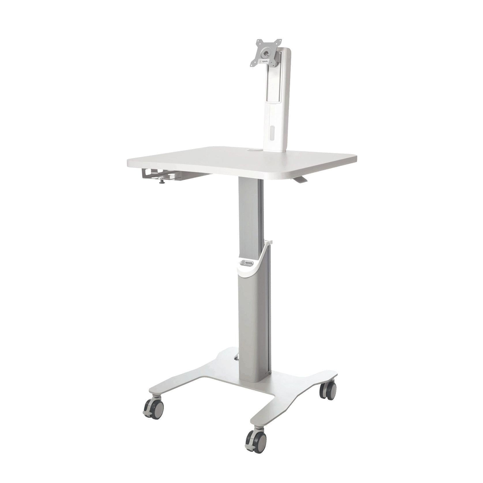 Der Novocal Mobiler Arbeitsplatz für Laptop oder Panel PC bietet mit höhenverstellbarem Monitorarm, VESA-Halterung, flacher Tischplatte, vier Rollfüßen und T-Gestell flexible Nutzung und stabilen Stand.