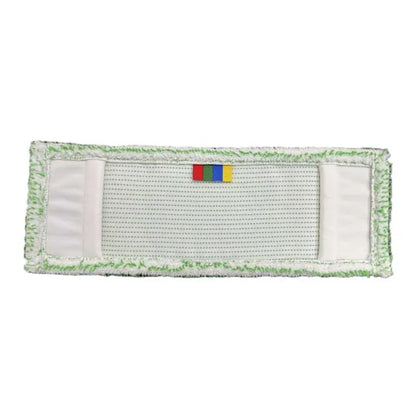 De Arcora Excellent Green-White Db-Fc mop met kleurcodering en dekblad van Arcora International GmbH is een rechthoekige witte mopkop met een gestructureerde grijze midden, een groene rand, twee witte strepen aan elk uiteinde en een meerkleurige label.