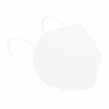 Eine Virshields FFP2 Maske VS005, 5-lagig (1 Stück) von Mask Authority sp. z o.o. wird vor einem schlichten Hintergrund gezeigt, der die Ohrschlaufen und die konturierte Form für einen sicheren Sitz hervorhebt.