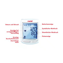 De Medel Elite bloeddrukmeter, geproduceerd door Beurer GmbH, toont een systolische druk van 120, een diastolische druk van 80 en een hartslag van 60. Het beschikt over functies zoals een alarm voor onregelmatige hartslag, een batterij-indicator en een datum- en tijdweergave. Het apparaat biedt gebruiksvriendelijke Duitse opmerkingen.