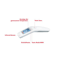 Der Auslaufartikel: Medel Temp kontaktloses Fieberthermometer von Beurer GmbH ist ein weißes Infrarotthermometer mit Display, IR-Sensor und beschrifteten Tasten (Power, Scan, Mode-MEM), ideal für Babys & Kleinkinder.