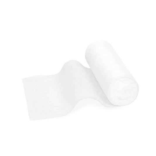 Eine Rolle Meditrade ABE® Last elastische Fixierbinde – verschiedene Größen, teilweise ausgerollt, auf einem schlichten weißen Hintergrund liegend. Das Papier ist weich und hat eine elastische Fixierbinde-Textur.