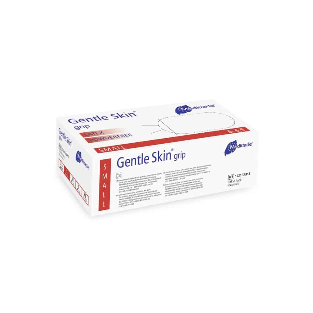 Een verzegelde, rechthoekige doos met medische handschoenen Meditrade Gentle Skin® Grip Latex onderzoekshandschoen in maat S, met de productinformatie en het logo van Meditrade GmbH. De doos is