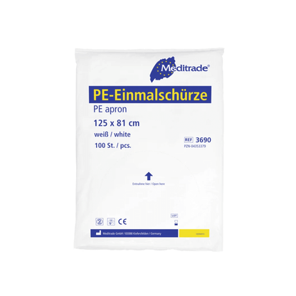 Een pak witte Meditrade PE wegwerpschorten, 125 x 81 cm, met 100 stuks. De verpakking bevat de branding en productdetails van Meditrade GmbH.