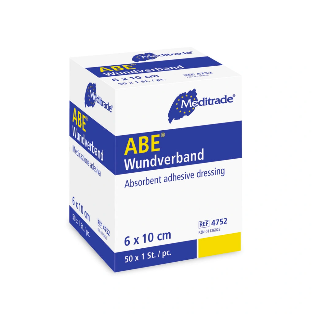 Een doos Meditrade ABE® snel wondverband, absorberend wondverband met de afmetingen 6 x 10 cm, verpakt in 50 stuks per doos. De verpakking is voornamelijk wit met blauw.