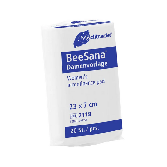 Uitloopartikel: Meditrade BeeSana® Damesverband van Meditrade GmbH, verpakking met 20 stuks (23 x 7 cm), hygiënische inlegkruisjes met Duits/Engels op wit-blauwe achtergrond. REF 2118.
