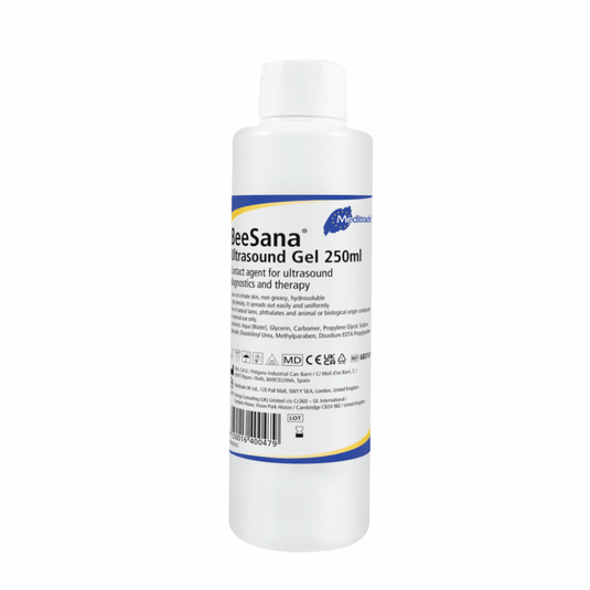 Een fles Meditrade BeeSana® echografiegel, 250 ml, aangeduid als glijmiddel voor echografische onderzoeken. Op het etiket staan productgegevens en symbolen ter naleving van de wettelijke voorschriften.