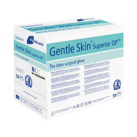 Een doos Meditrade Gentle Skin® Superior OP™ Latex-OK-handschoenen, maat 8,5, bevat 50 paar. De verpakking is overwegend wit en blauw met uitgebreide productinformatie. Deze latex-OK-handschoen is van het merk Meditrade GmbH.