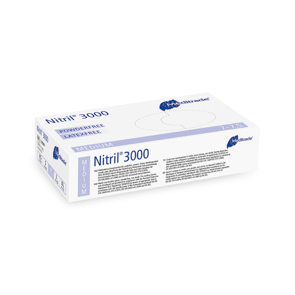 Een doos middelgrote, poedervrije, latexvrije nitrilhandschoenen Meditrade Nitril® 3000. De verpakking is overwegend wit en blauw met tekst en logo's.