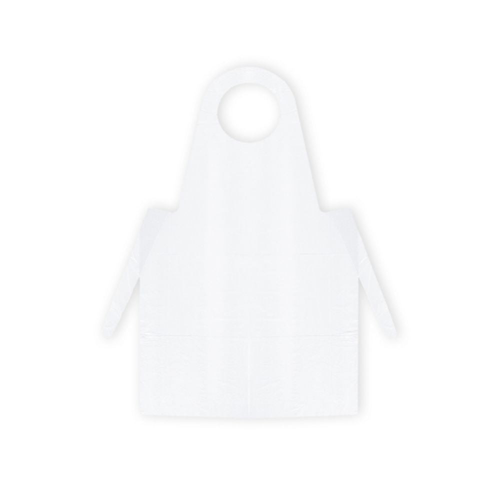 Op een grijze achtergrond is een blauw Meditrade PE-wegwerpschort van Meditrade GmbH afgebeeld. Het heeft een ronde halslijn en lange zijbanden om in de taille te binden en voldoet daarmee aan essentiële hygiëne-eisen.