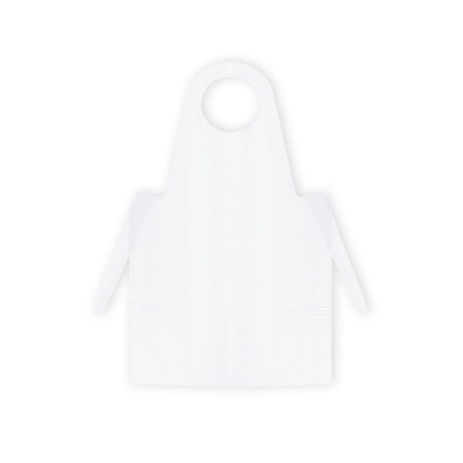 Op een grijze achtergrond is een blauw Meditrade PE-wegwerpschort van Meditrade GmbH afgebeeld. Het heeft een ronde halslijn en lange zijbanden om in de taille te binden en voldoet daarmee aan essentiële hygiëne-eisen.